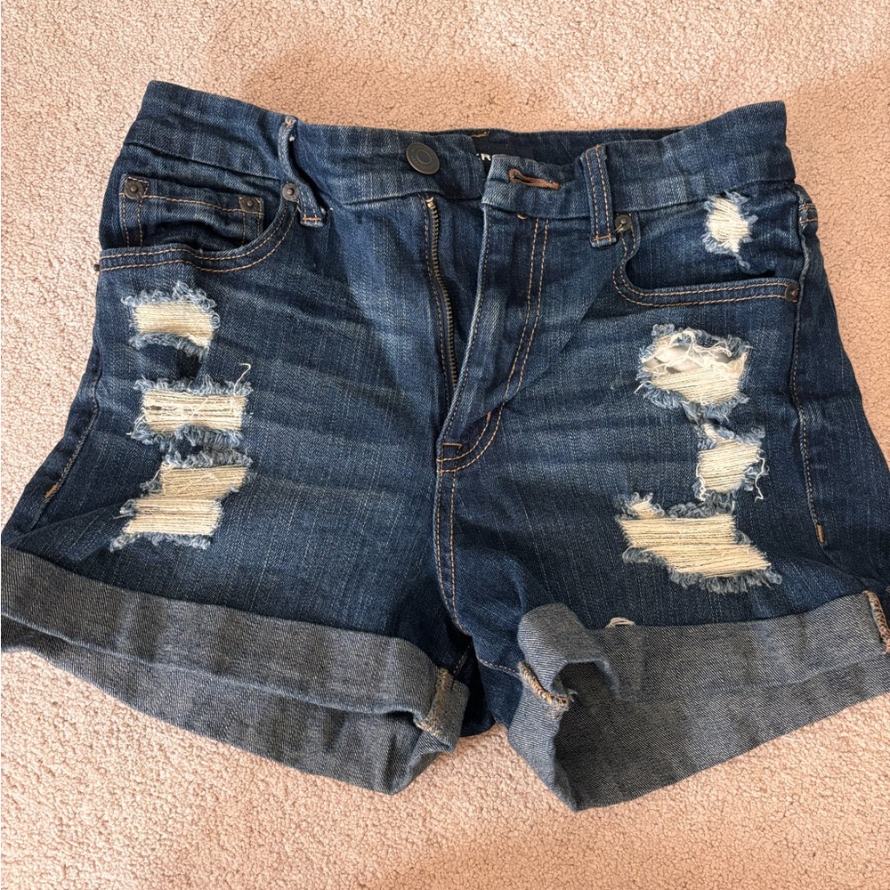 Aero Distressed Roll-Cuff Denim Shorts in Dark Blue